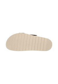 Sole of a shoe in light beige rubber, featuring horizontal grooves for traction and a rounded shape. Simple design, no visible patterns or accents.