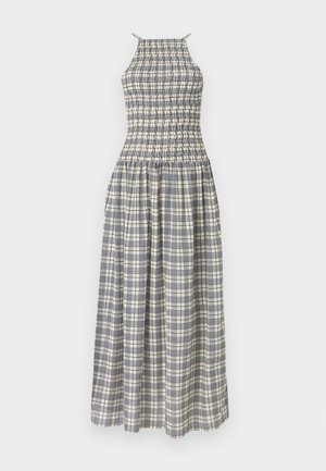 Maxikjole laget av lett stoff, med en smocket bodice, halterneck og et rutet mønster i blå og kremfarger.