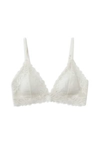Bralette en dentelle blanche avec fines bretelles réglables, bords festonnés et motifs floraux en dentelle sur les bonnets et la bande.