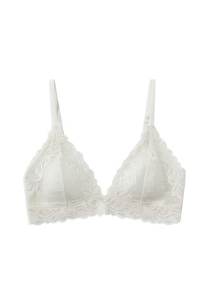 White lace bralette with thin adjustable straps, scalloped edges, and floral lace patterns on cups and band.
