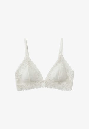 White lace bralette with thin adjustable straps, scalloped edges, and floral lace patterns on cups and band.
