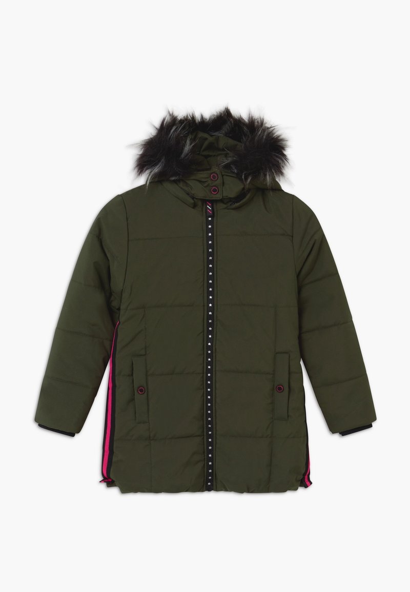 Grüne wattierte Parka mit Kapuze aus Kunstpelz, Reißverschluss vorne, Druckknöpfen und kontrastierenden pinken Seitenstreifen. Verfügt über zwei Seitentaschen.