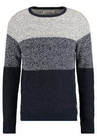 Pull en maille homme à col rond, avec trois blocs de couleurs horizontaux : blanc, mélange marine-gris et bleu marine uni.