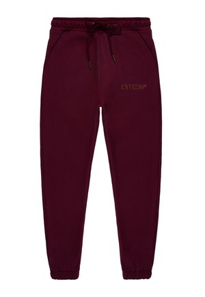 Burgunderfarbene Jogginghosen mit elastischem Bund und Kordelzug. Verfügt über Seitentaschen und elastische Bündchen. Subtiler goldener Logodetail auf der Vorderseite.