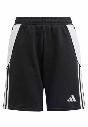 Sorte idrettsshorts med hvite sidelapper, med tre hvite striper langs sidene og en Adidas-logo nederst til høyre.