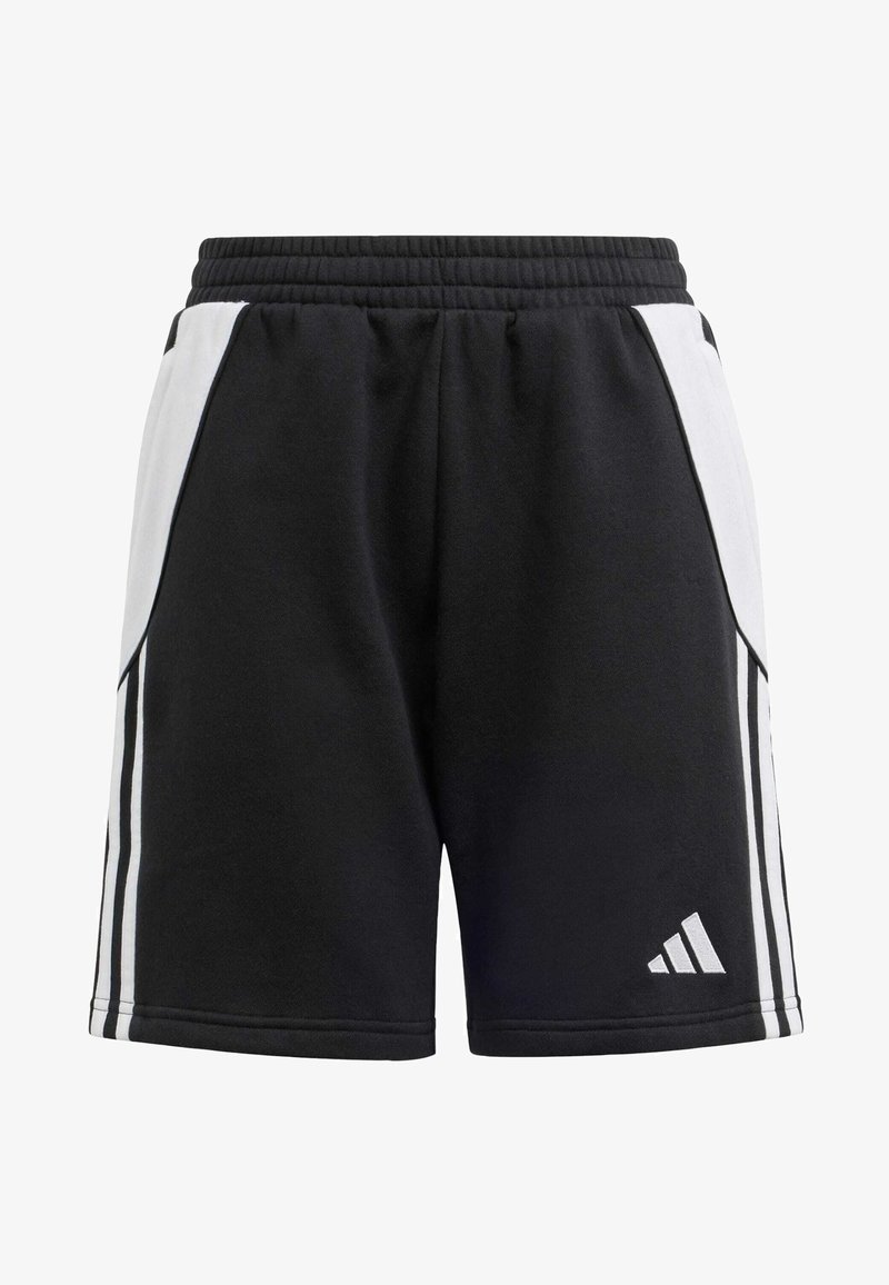 Čierne športové šortky s bielymi bočnými panelmi, so skúškami tromi bielymi pruhmi pozdĺž strán a logom Adidas v dolnom pravom rohu.