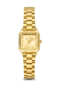 Goldfarbene quadratische Uhr mit einem strukturierten Zifferblatt, minimalistischen Stundenmarkierungen und einem passenden Metallarmband. Mit einer seitlichen Krone.