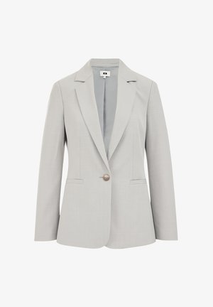 Blazer grigio chiaro realizzato in tessuto liscio, dotato di un unico bottone, rever a punta e due tasche anteriori. Design pulito e moderno.