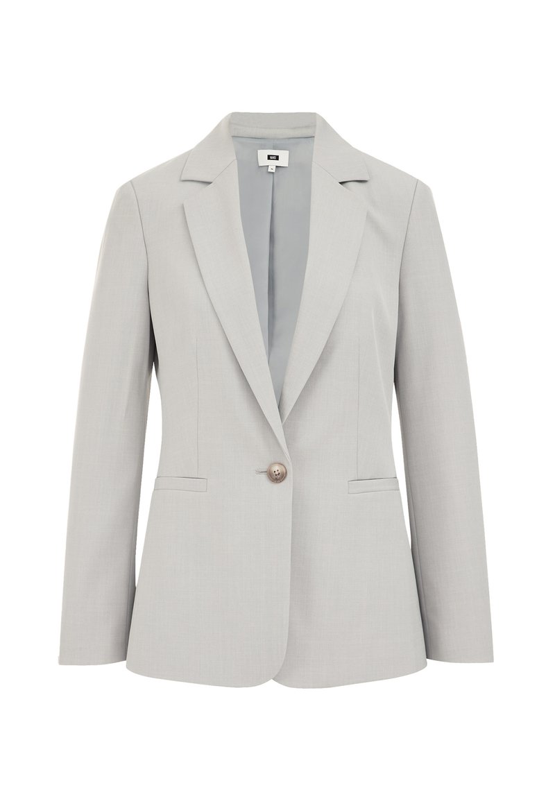 Blazer gris clair en tissu lisse, avec un bouton unique, des revers crantés et deux poches avant. Design épuré et moderne.