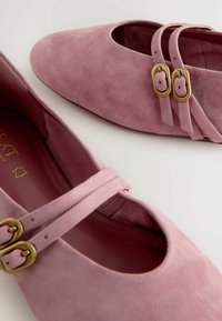 Roze suède ballerina's met een ronde vorm, uitsnijding aan de bovenkant en twee decoratieve banden met gouden gespen. Het interieur heeft een contrasterende bordeauxrode voering.