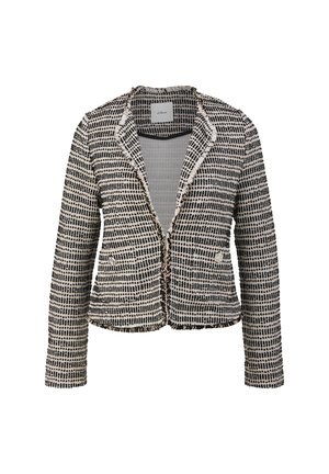Zwart-witte tweedjas met een getailleerd ontwerp, met notch-revers, rafelige randen en twee voorzakken. Gestructureerde, textuurrijke stof.