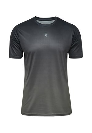 Zwart sportshirt met korte mouwen en een ronde hals, voorzien van een klein reflecterend dubbel chevron-logo in het midden van de borst.