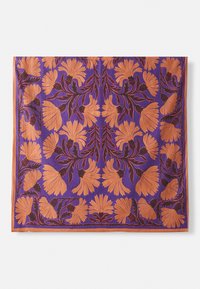 Floral-patterned purple fabric with orange and dark red flowers, featuring detailed leaves and a bordered edge. Smooth texture.