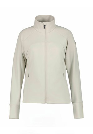 Giacca grigia chiaro con chiusura a zip realizzata in tessuto liscio ed elastico. Presenta un colletto alto, maniche lunghe e tasche laterali per la funzionalità.