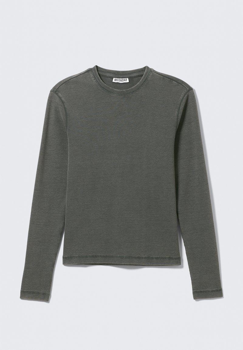 Mørkegrå, ribstrikket langærmet bluse med rund halsudskæring, lige kant og synlige sømdetaljer, med mærket "WEEKDAY" indvendigt i kraven.