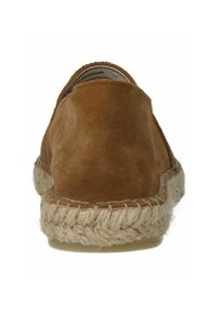 Brown suede slip-on shoe featuring a woven jute sole. The rounded toe and textured upper create a casual design.