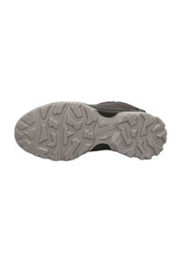 Schuhsohle mit tiefen, multidirektionalen Profilen in Grau, mit eingeprägtem Markennamen und der Größe "33" im Bereich des Fußgewölbes.