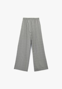 Grijs met een ruitpatroon, wijde broek met elastische tailleband en zachte stof. Geschikt voor casual draag.