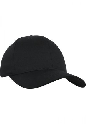 Schwarze Baseballkappe mit sechs Paneelen und gebogenem Schirm aus strukturiertem Stoff, vor weißem Hintergrund gezeigt.