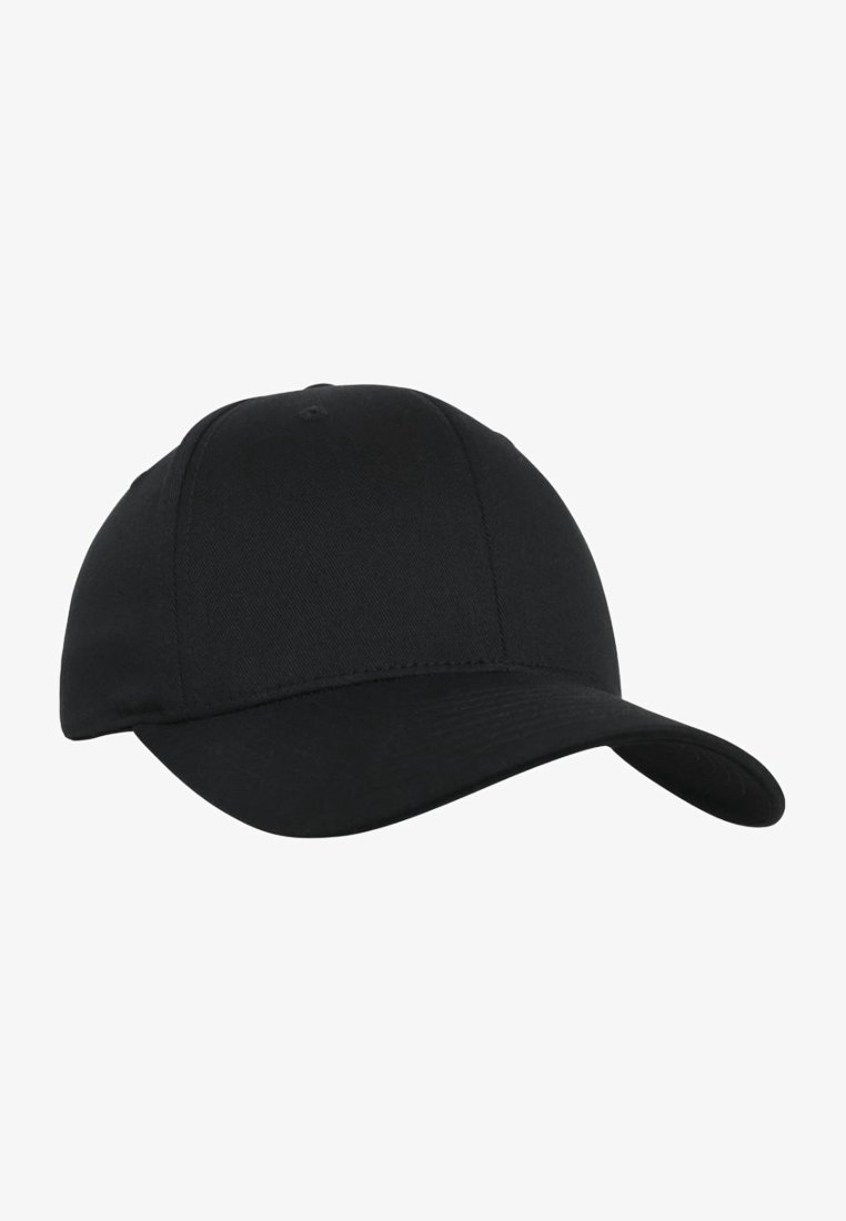 Casquette de baseball noire à six panneaux avec une visière courbée, en tissu texturé, montrée sur fond blanc.