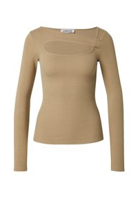 Tegen lange mouwen ribbeltop in lichtbruin met een vierkante halslijn en een kenmerkende ovale uitsparing aan de voorkant voor een extra ontwerpelement.