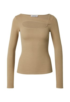 Langärmliges geripptes Oberteil in Hellbraun mit einem quadratischen Ausschnitt und einem auffälligen ovalen Ausschnitt-Detail auf der Vorderseite für ein zusätzliches Design.
