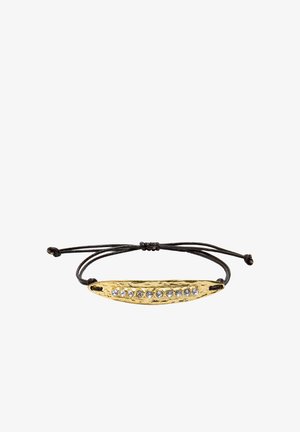 Regulowana czarna bransoletka z sznurka z teksturowanym złotym metalowym paskiem z rzędem małych przezroczystych kamieni szlachetnych.