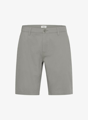 Pantaloni corti grigi realizzati in un tessuto leggero. Presentano una chiusura con bottone, passanti per cintura e un taglio pulito e dritto senza motivi visibili.