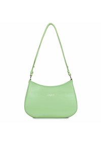 Borsa in pelle verde menta con forma curva, tracolla regolabile e dettaglio del logo. Texture liscia con un design minimalista.