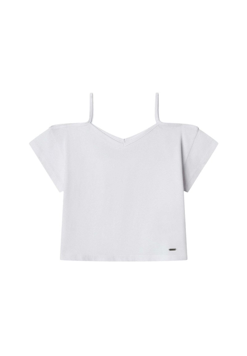 Top corto blanco con mangas cortas, escote en forma de V y tirantes delgados. Hecho de una tela suave con un pequeño detalle de logotipo metálico en el dobladillo.