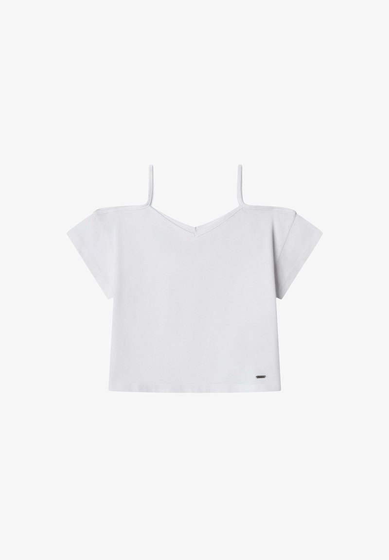 Bílý crop top s krátkými rukávy, výstřihem do V a tenkými ramínky. Vyrobeno z měkké tkaniny s malým kovovým logem na lemu.