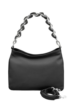 Schwarze Lederhandtasche mit glatter Oberfläche, ausgestattet mit einem Schulterriemen aus silberner Kette. Inklusive abnehmbarem, passendem Ledertrageriemen.