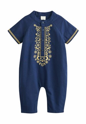 Tumesinine lühikeste armsleevediga jumpsuit, millel on kuldsete tikanditega lillemuster, nööbitav esiosa ja käiseotsad on volditud. Valmistatud tekstureeritud kangast.