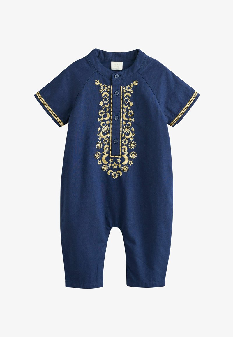 Combinaison bébé bleu marine à manches courtes, broderie céleste dorée sur le devant et les bords des manches, avec trois boutons à l'avant.