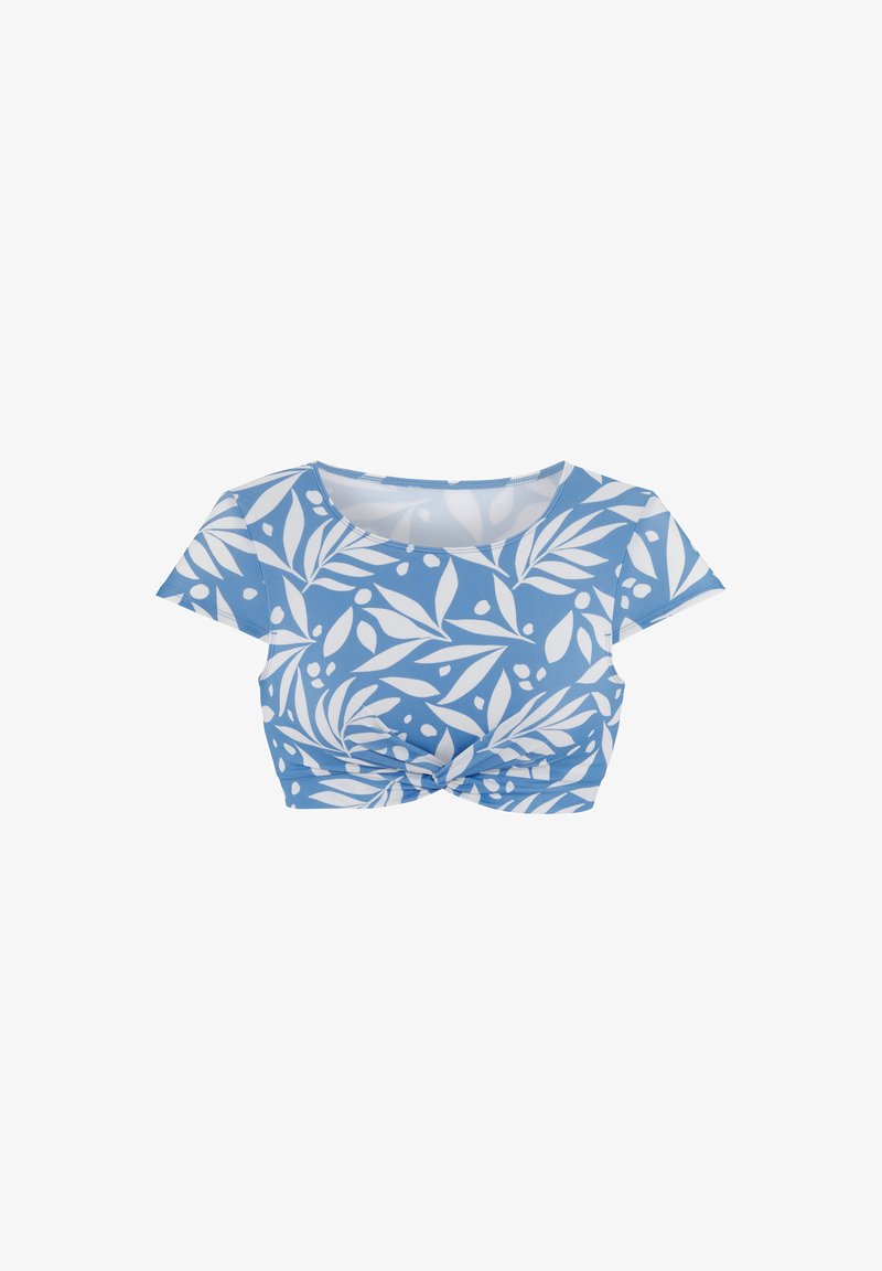 Blaues Cropped-Top mit weißem Blattmuster, ausgestattet mit kurzen Ärmeln und einem geknoteten Vorderteil. Glatte Stoffstruktur.