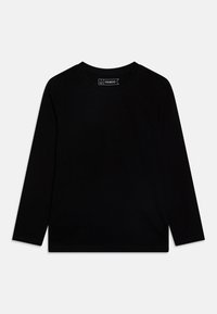 Schwarzes Langarm-T-Shirt aus Baumwolle. Hat einen Rundhalsausschnitt und ein einfaches, unverziertes Design mit geradem Schnitt.