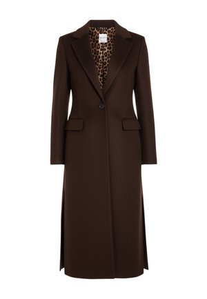 Lange bruine jas van gladde stof, met reverskraag, enkele knoopsluiting, twee zakken aan de voorkant en een voering met luipaardprint.