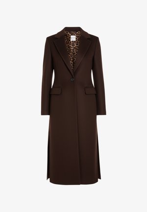 Lange bruine jas van gladde stof, met reverskraag, enkele knoopsluiting, twee zakken aan de voorkant en een voering met luipaardprint.