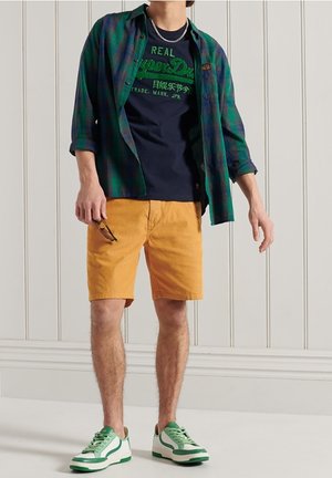 Mann trägt ein grün-blau kariertes Hemd über einem dunkelblauen T-Shirt mit Logo, senffarbene Shorts, hält eine Sonnenbrille und trägt grün-weiße Turnschuhe, steht drinnen.
