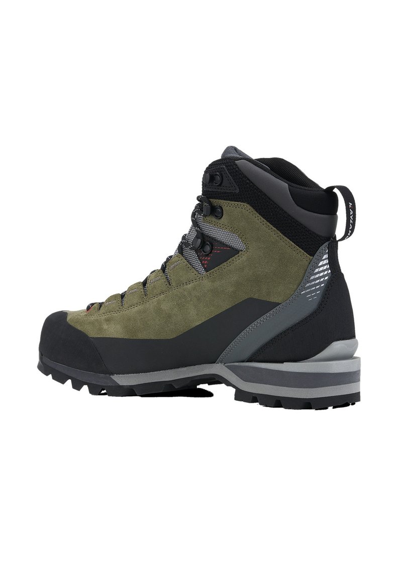 Wanderschuh mit olivgrünem Wildleder-Oberteil, schwarzem Gummi Zehenbereich, grauen Akzenten, robustem Profilsohle mit multidirektionalen Stollen und Schnürverschluss.