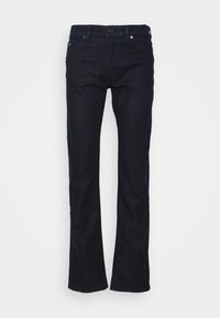 Temno modri denim hlače s ravnim krojem, ki imajo gumbasto zapiranje, pet žepov in subtilne šive.