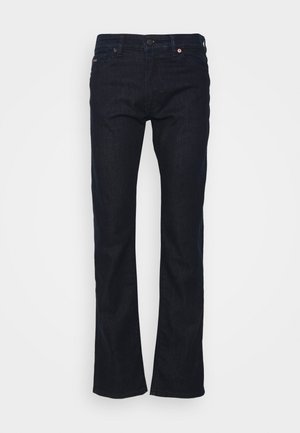 Dark blue denim trousers with a straight leg design, featuring a button closure, five-pocket styling, and subtle stitching accents.