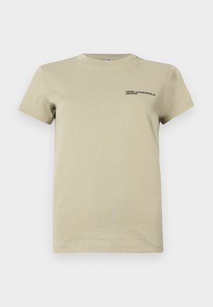 Khaki short-sleeve t-shirt made of soft cotton, featuring a crew neckline and a small black logo text on the left chest area.