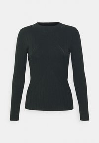 Pull en tricot côtelé noir à manches longues avec des motifs en chevron et verticaux et un col rond.