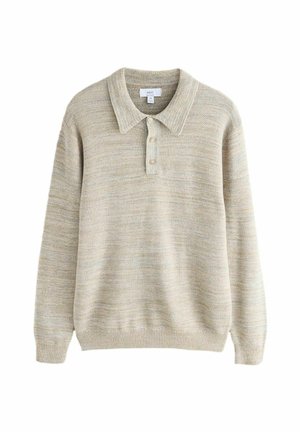 Pull-over en maille beige avec col à revers, patte de boutonnage à trois boutons et poignets et ourlet côtelés ; tissu texturé avec un motif subtil.