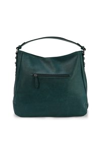 Groene leren schoudertas met een slonzige uitstraling, bovenhandgreep en een voorkant met ritsvak. Heeft een gestructureerd oppervlak en metalen hardwareaccenten.