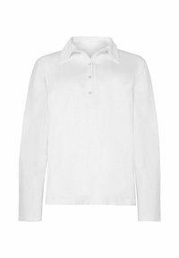 Vit långärmad polo skjorta med krage, utrustad med en knappslå och en slät, strukturerad yta. Enkel design, utan mönster eller detaljer.