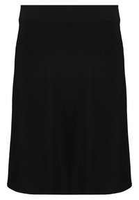 Černá sukně ke kolenům vyrobená z měkké, elastické látky. Disponuje přiléhavým pasem a hladkým povrchem bez viditelných vzorů nebo akcentů.