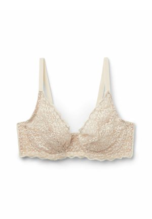 Beige kanten bh met zachte cups, ingewikkelde bloemmotieven en gegolfde randen. Dunne verstelbare bandjes, gestructureerde stof en zonder beugel.