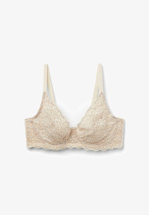 Beige kanten bh met zachte cups, ingewikkelde bloemmotieven en gegolfde randen. Dunne verstelbare bandjes, gestructureerde stof en zonder beugel.